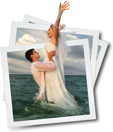 wedding couple leaping out of photo